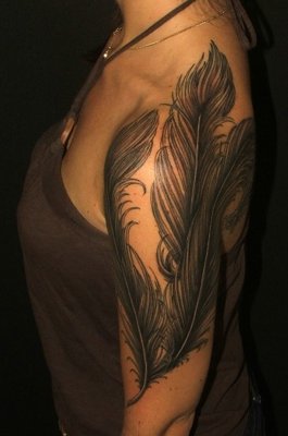 Tatouage plume triple sur le haut du bras